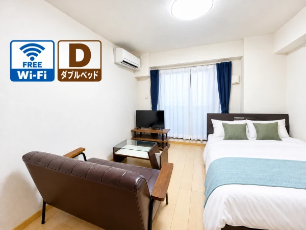 【三宮 徒歩5分】Sステイ神戸三宮ジアコスモ｜Wi-Fi無料｜オートロック付き分譲マンション｜ペット可｜27㎡のカウンターキッチン付きワンルーム・ダブルベッド＆ソファの物件画像